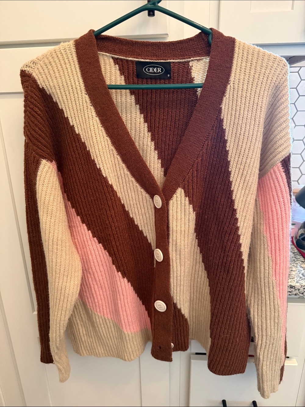 Cider Brown Pink Cream Colorblock V-Neck Button Cardigan
